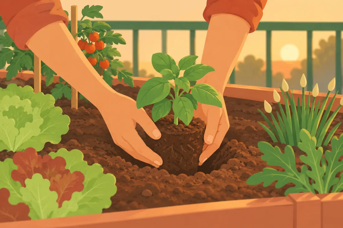 Mãos plantando uma muda no canteiro
