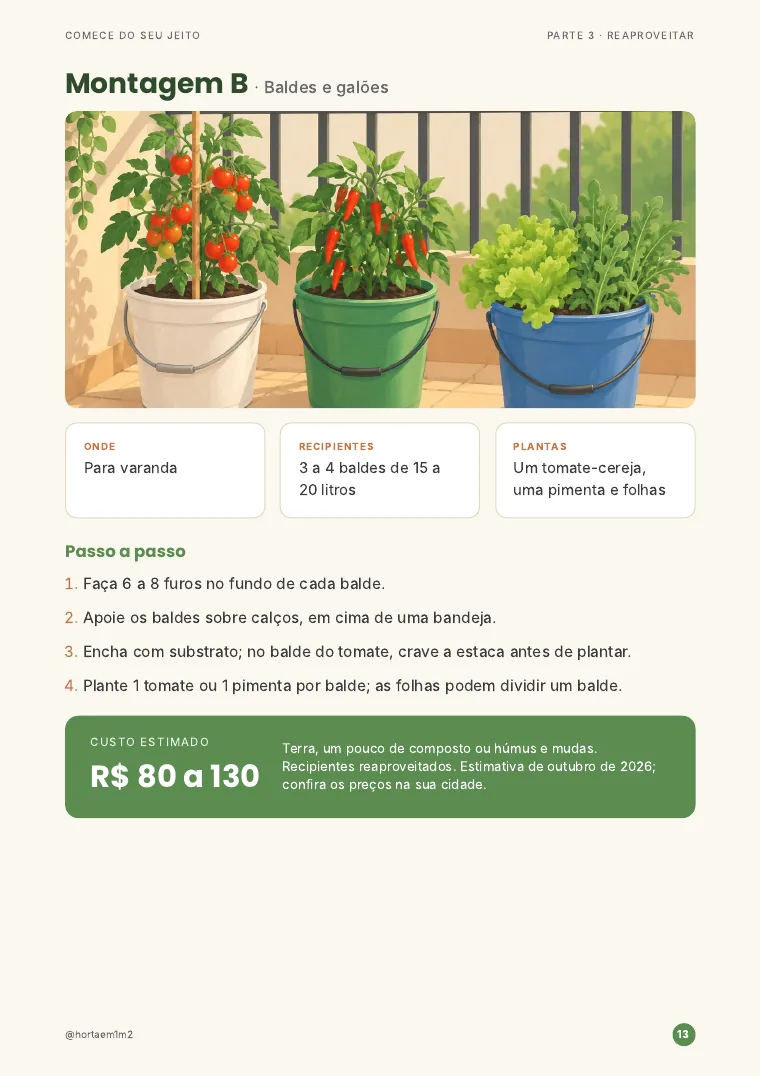 Página: horta com baldes reaproveitados